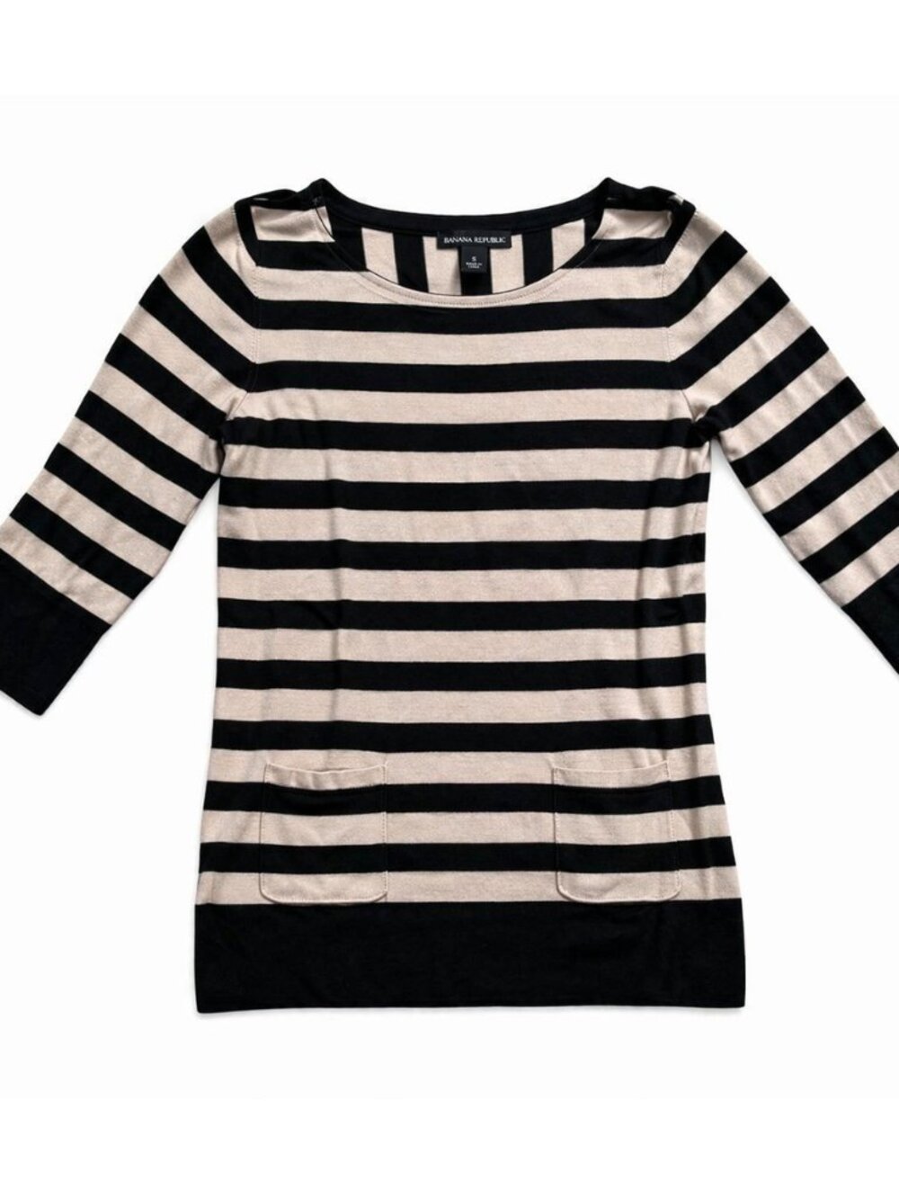 Audrey & Grace | Black & Tan Striped 3/4 Sleeve Top/Blouse with Pockets | Sz S